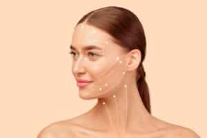 Woman with facelift routine illustration featuring lifting arrow lines on her face, looking aside over a beige background, representing anti-aging skincare treatment
